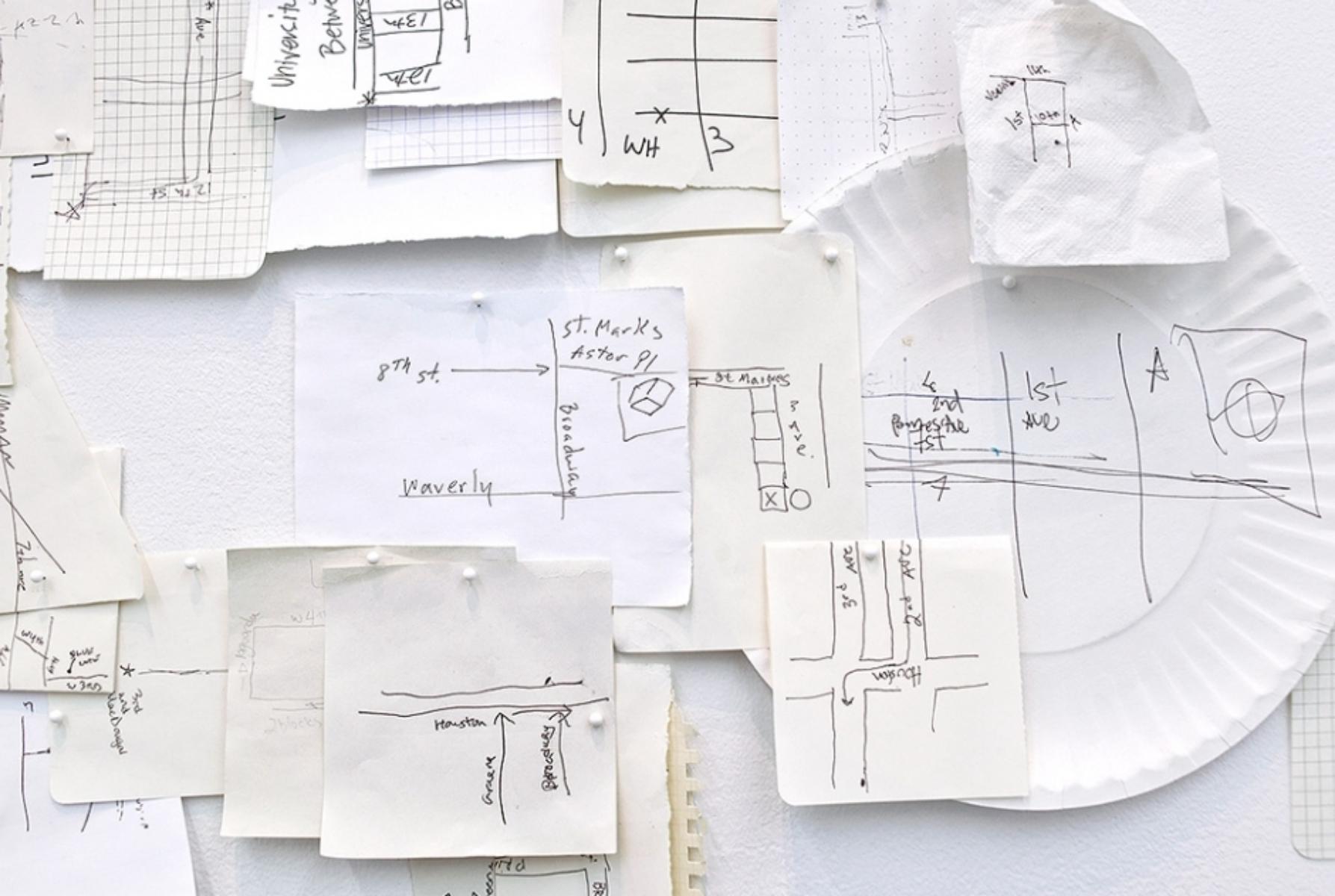 a mind map on small pieces of paper and cardboard