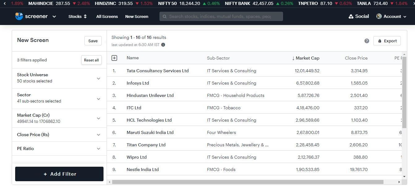 Filtration of stocks using a screener