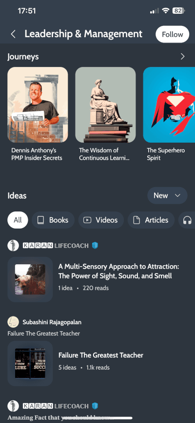Example from Deepstash App on how Idea Flashcards are Organized
