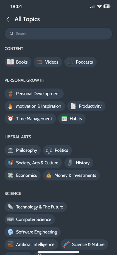 Topic Collection Example on Deepstash App showcasing topics one can Continuously Learn about